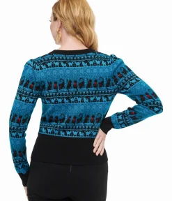 Unique Vintage Sweaters & Cardigans>1950s Teal Snowflakes & Cats Sweater