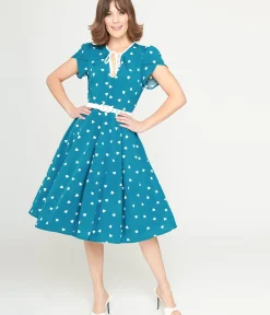 Unique Vintage Swing|Pocket Dresses>1940s Teal & White Heart Dahlia Swing Dress