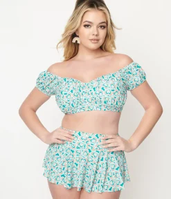 Unique Vintage Swim Tops|Two Piece Swim>1940s Turquoise Retro Hearts Off The Shoulder Swim Top