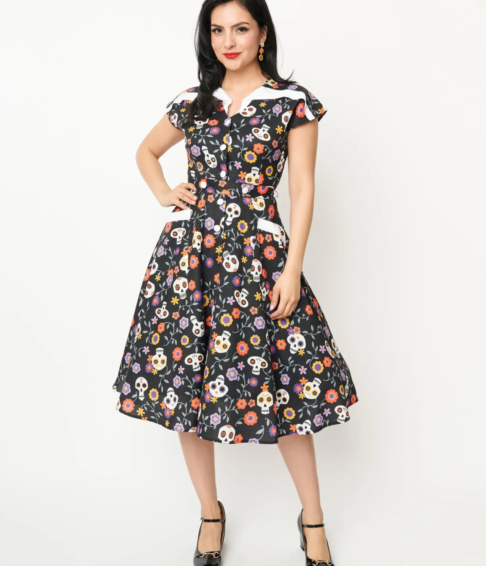 Unique Vintage Pocket Dresses|Halloween>Sugar Skulls Hedda Swing Dress
