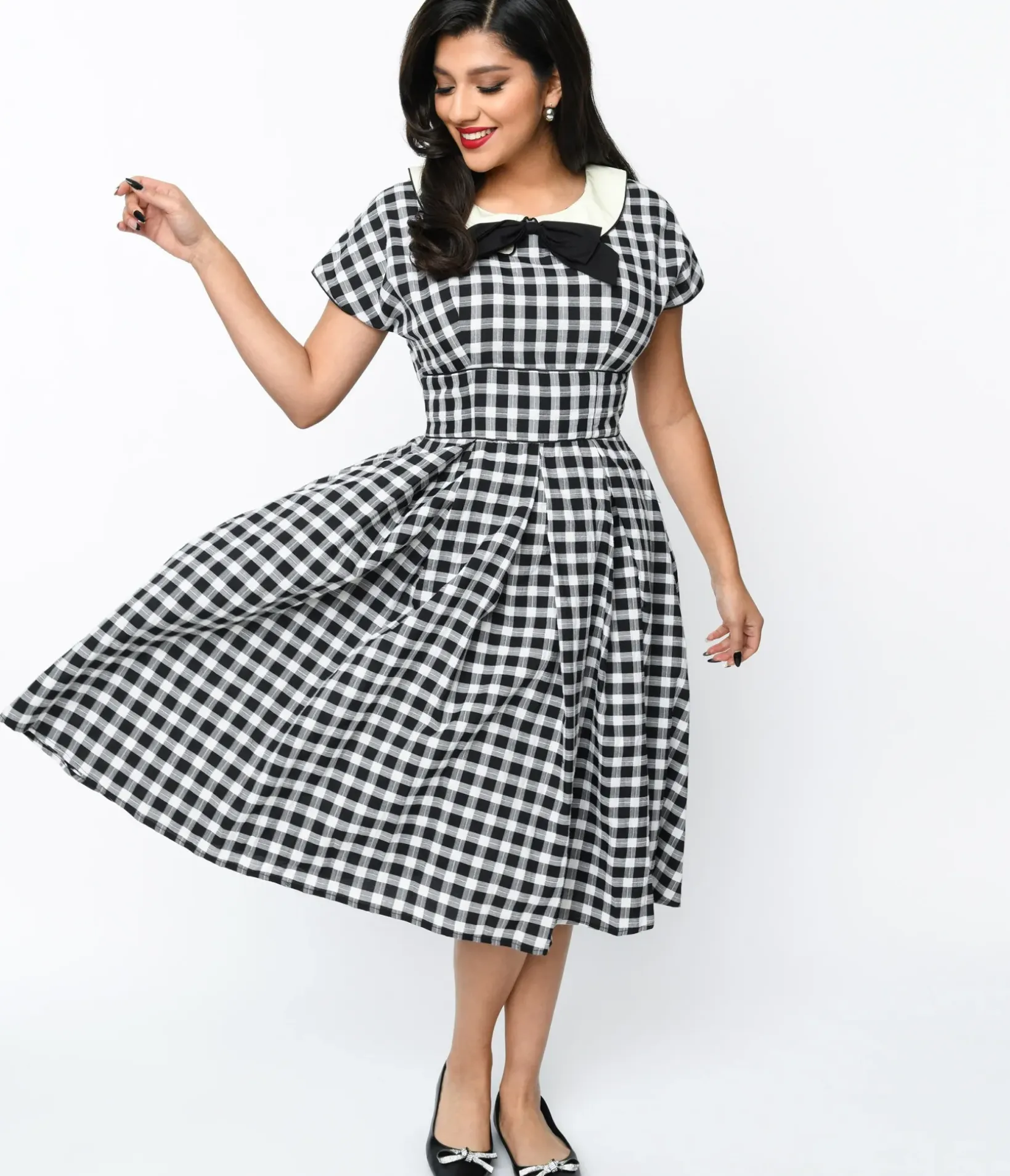 Unique Vintage Swing|Pocket Dresses>1950s White & Black Gingham Swing Dress