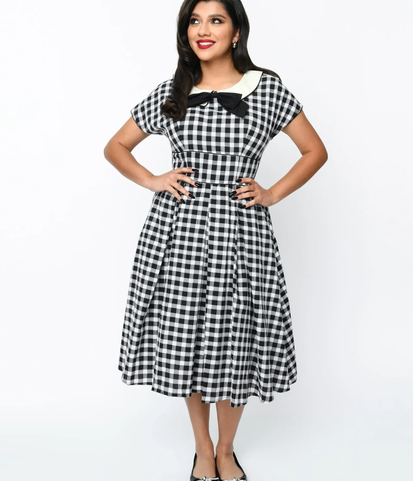 Unique Vintage Swing|Pocket Dresses>1950s White & Black Gingham Swing Dress