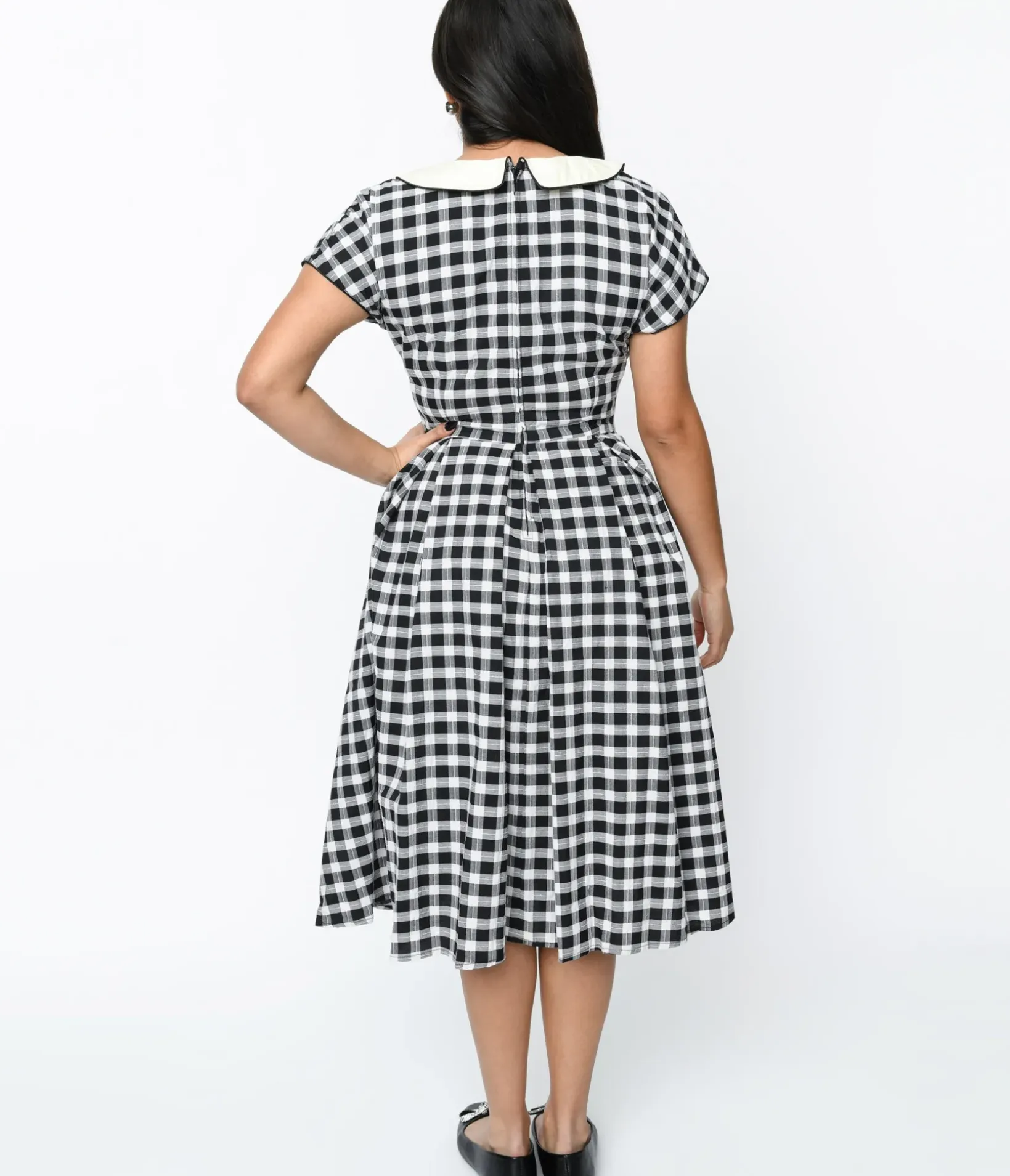 Unique Vintage Swing|Pocket Dresses>1950s White & Black Gingham Swing Dress