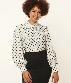 Unique Vintage Blouses|Work Wear>1940s White & Black Polka Dot Neck Tie Gwen Blouse