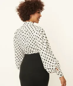 Unique Vintage Blouses|Work Wear>1940s White & Black Polka Dot Neck Tie Gwen Blouse
