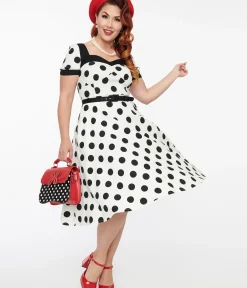 Unique Vintage Swing|Pocket Dresses>1950s White & Black Polka Dot Swing Dress