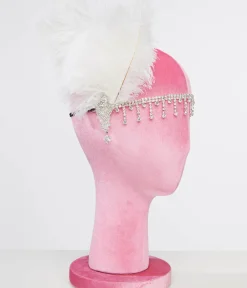 Unique Vintage Special Occasion|Flapper Accessories>1920s White Feather & Silver Rhinestone Headband