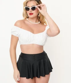 Unique Vintage Swim Tops|Two Piece Swim>1940s White Off The Shoulder Swim Top