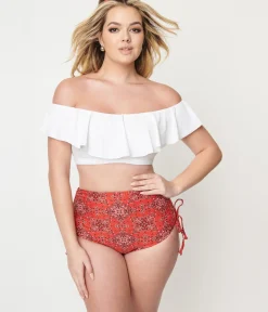 Unique Vintage Swim Tops|Two Piece Swim>1950s White Ruffled Ramona Swim Top