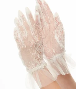 Unique Vintage Special Occasion|Prom Accessories>1950s White Tulle Lace Gloves