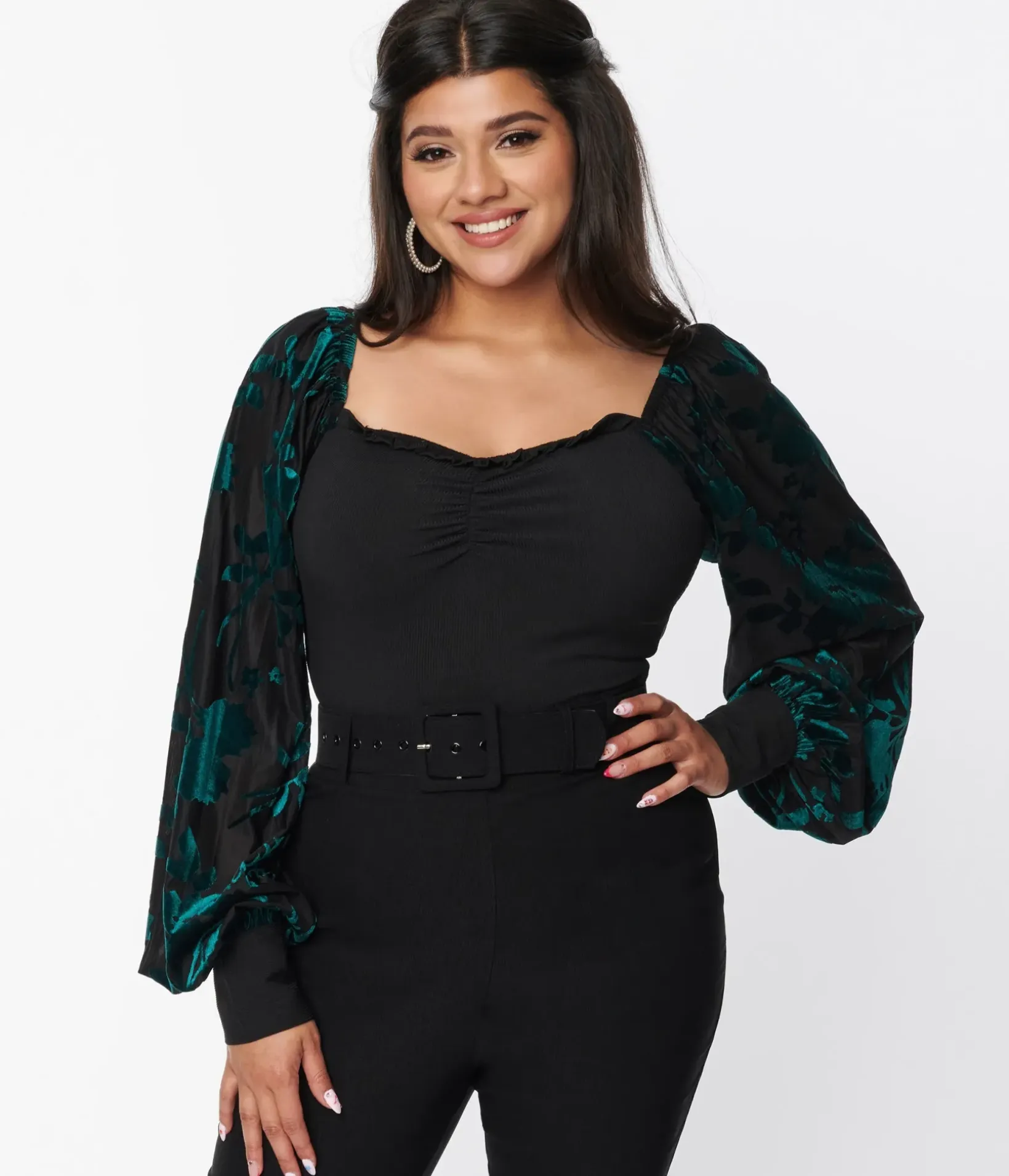 Unique Vintage All Things Black|Work Wear>Teal & Black Floral Velvet Burnout Bodysuit