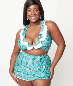 Unique Vintage Two Piece Swim|Swim Bottoms>Teal Flower Child High Waist Skort Swim Bottom