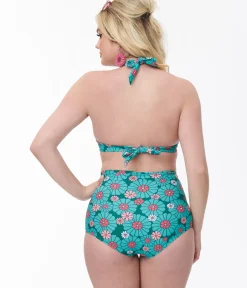 Unique Vintage Swim Tops|Two Piece Swim>Teal Flower Child Monroe Halter Swim Top