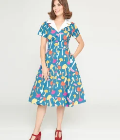 Unique Vintage Swing|Pocket Dresses>Teal & Multicolor Mushroom Swing Dress
