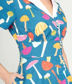 Unique Vintage Swing|Pocket Dresses>Teal & Multicolor Mushroom Swing Dress