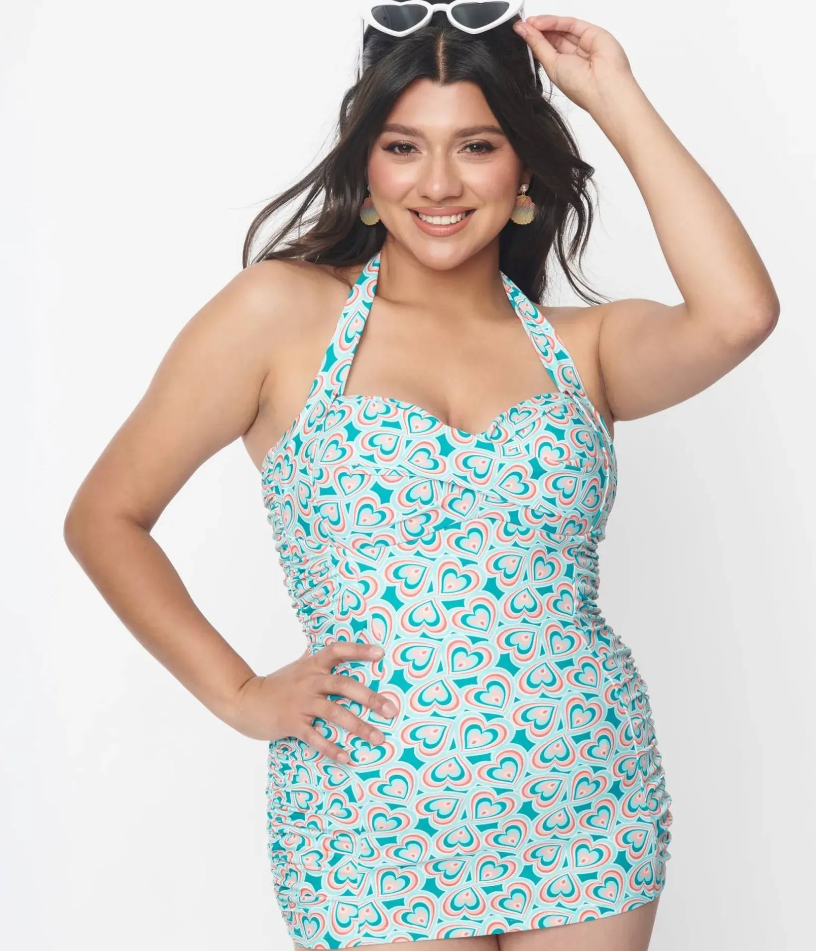Unique Vintage One Piece Swim>Turquoise Retro Hearts Corinne Sheath Swimsuit