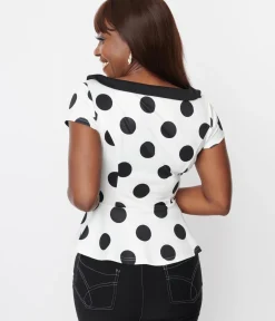 Unique Vintage Work Wear>White & Black Polka Dot Peplum Top