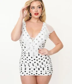 Unique Vintage One Piece Swim>White & Black Polka Dot Ruffle Sheath Swimsuit