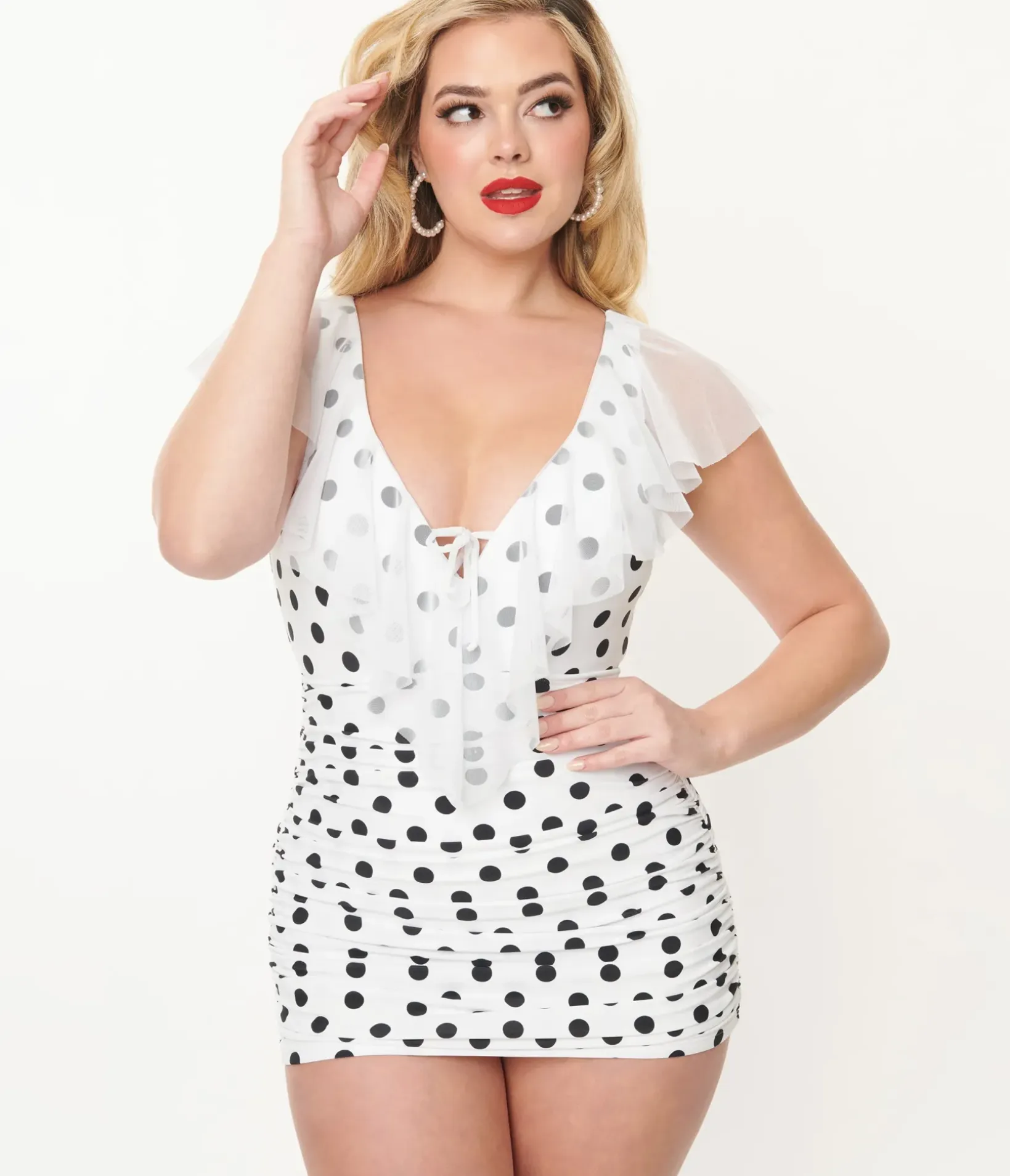 Unique Vintage One Piece Swim>White & Black Polka Dot Ruffle Sheath Swimsuit