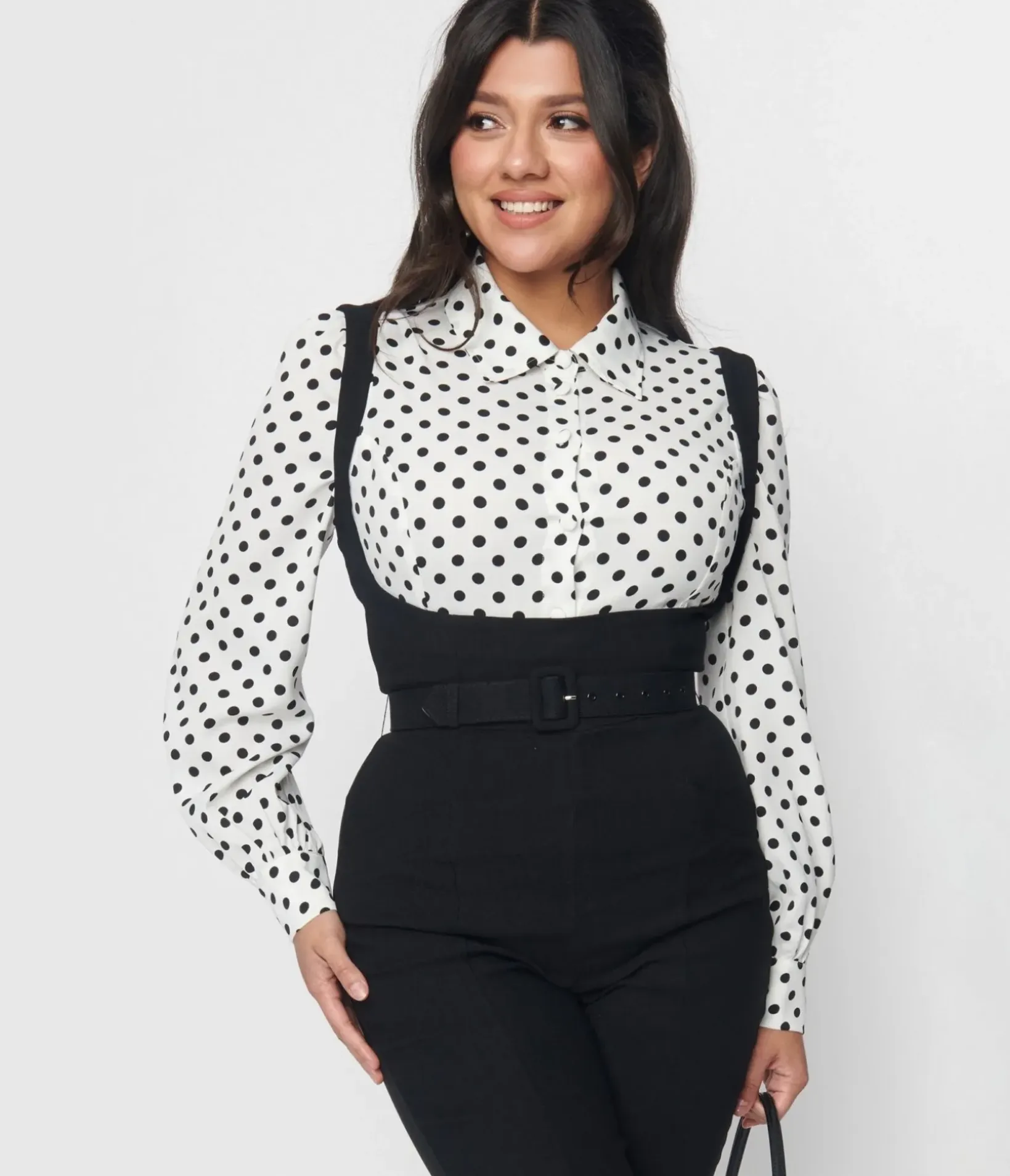Unique Vintage Work Wear>White & Black Polka Sashed Bodysuit