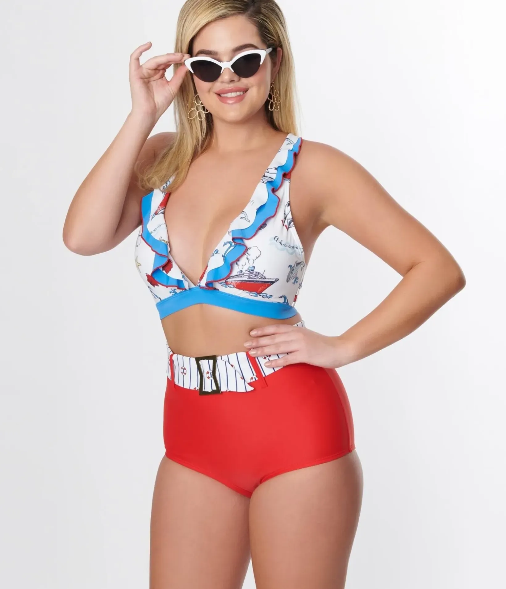Unique Vintage Swim Tops|Two Piece Swim>White & Blue Nautical Print Ruffle Swim Top