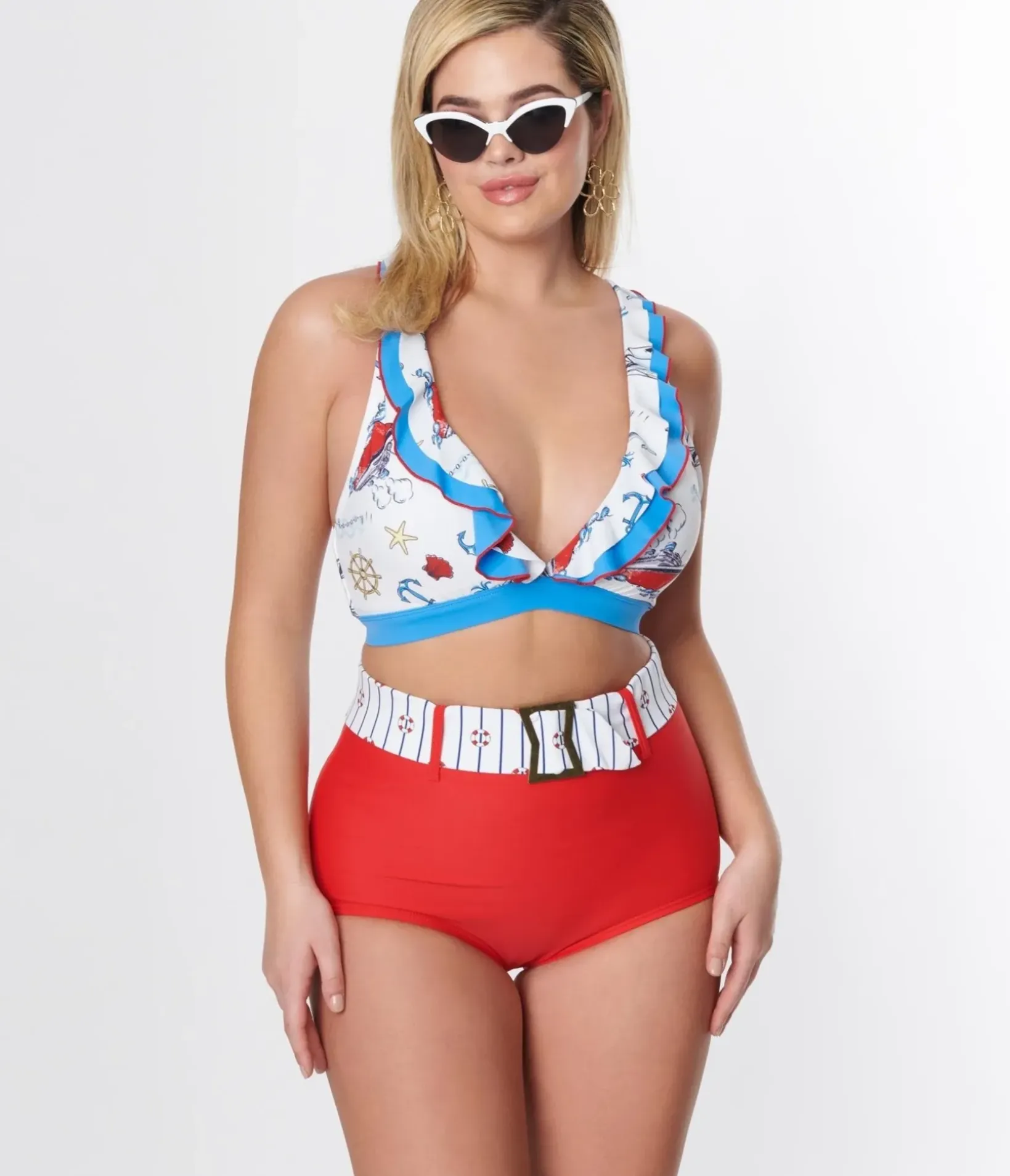 Unique Vintage Swim Tops|Two Piece Swim>White & Blue Nautical Print Ruffle Swim Top