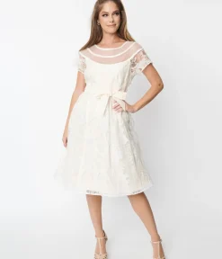 Unique Vintage Fit & Flare|Everyday Dresses>White Burnout Rose Flare Dress