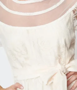 Unique Vintage Fit & Flare|Everyday Dresses>White Burnout Rose Flare Dress