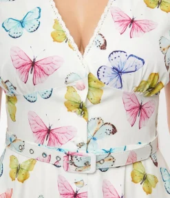Unique Vintage Swing|Pocket Dresses>White Butterfly Flutter Sleeve Swing Dress