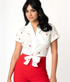 Unique Vintage All Things Red>White Eyelet & Red Florals Shirley Crop Top