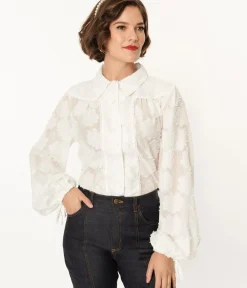 Unique Vintage Blouses|Blouses>White Floral Francesca Blouse