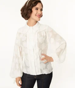 Unique Vintage Blouses|Blouses>White Floral Francesca Blouse