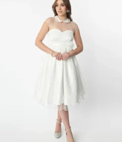 Unique Vintage Swing|Pocket Dresses>White & Iridescent Heart Bridal Swing Dress