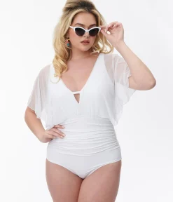 Unique Vintage One Piece Swim|Bachelorette>White Mesh Sleeved Torrey Swimsuit