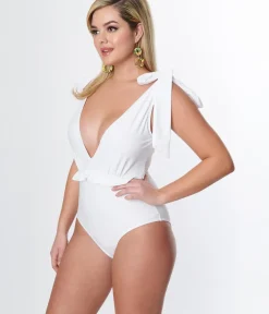 Unique Vintage One Piece Swim>White Plunge One Piece Swimsuit