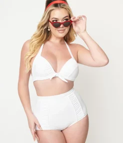 Unique Vintage Swim Bottoms|Two Piece Swim>White Ruched Swim Bottom
