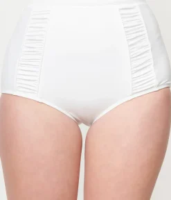 Unique Vintage Swim Bottoms|Two Piece Swim>White Ruched Swim Bottom