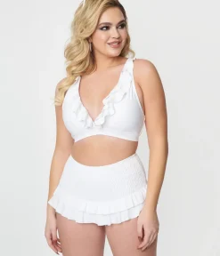 Unique Vintage Swim Tops|Two Piece Swim>White Ruffle Halter Swim Top