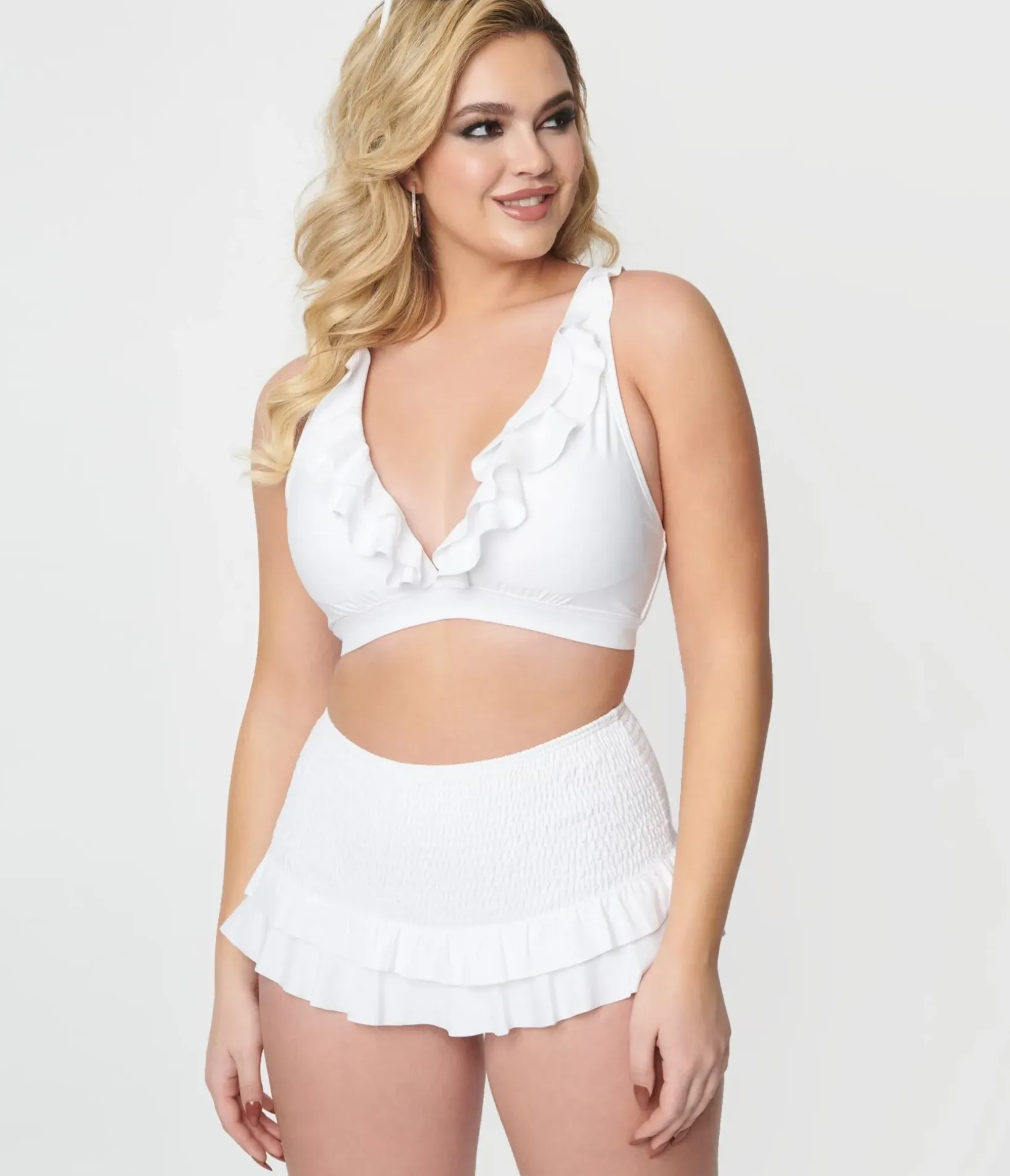 Unique Vintage Swim Tops|Two Piece Swim>White Ruffle Halter Swim Top