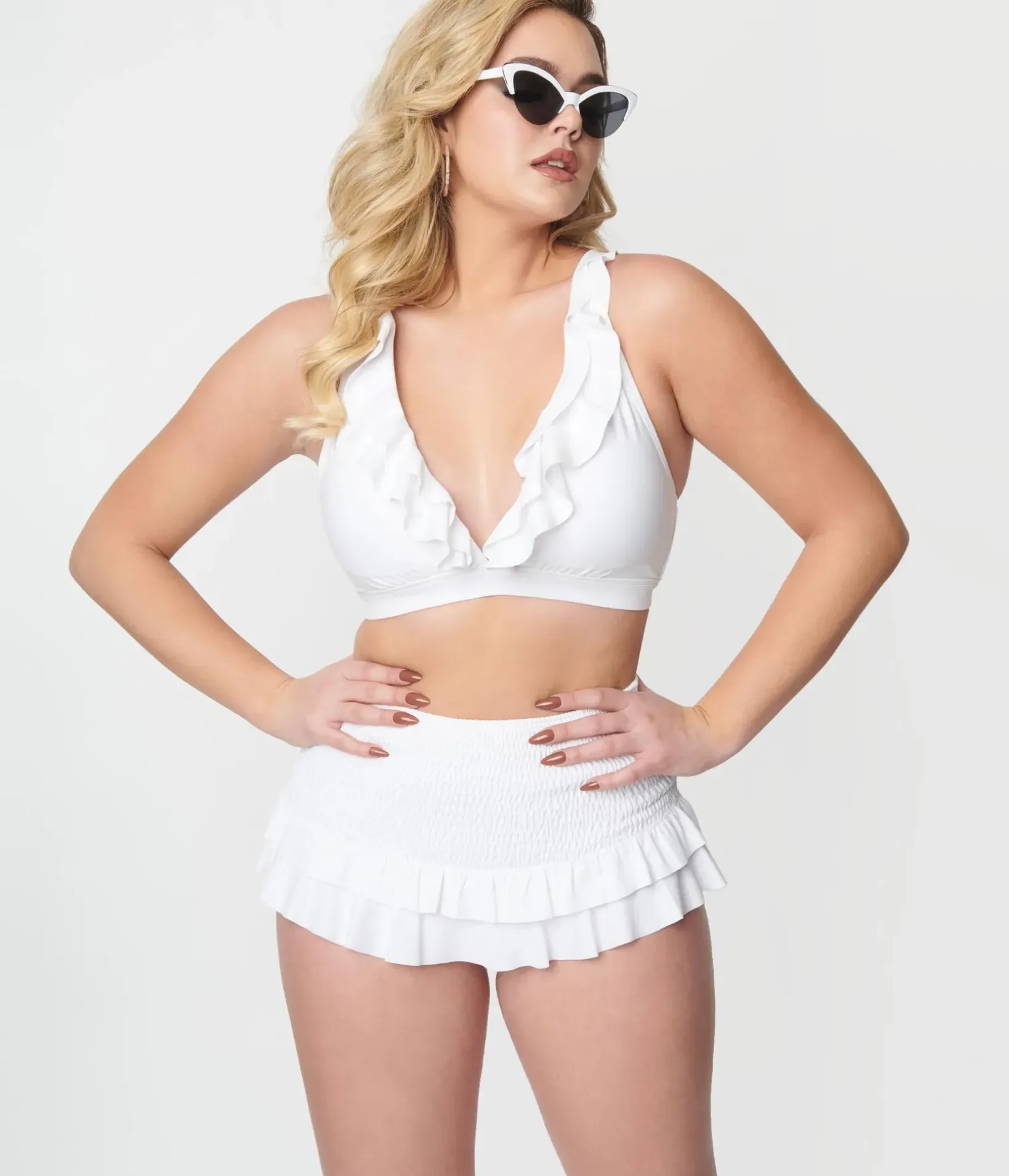 Unique Vintage Swim Bottoms|Two Piece Swim>White Shirred Skirt Swim Bottom