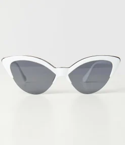 Unique Vintage Sunglasses>White & Silver Half Rim Cat Eye Sunglasses