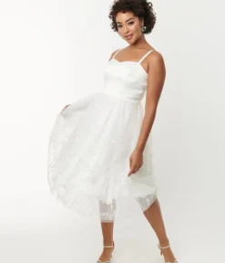 Unique Vintage Swing|Everyday Dresses>White Tulle & Floral Beading Bertie Swing Dress