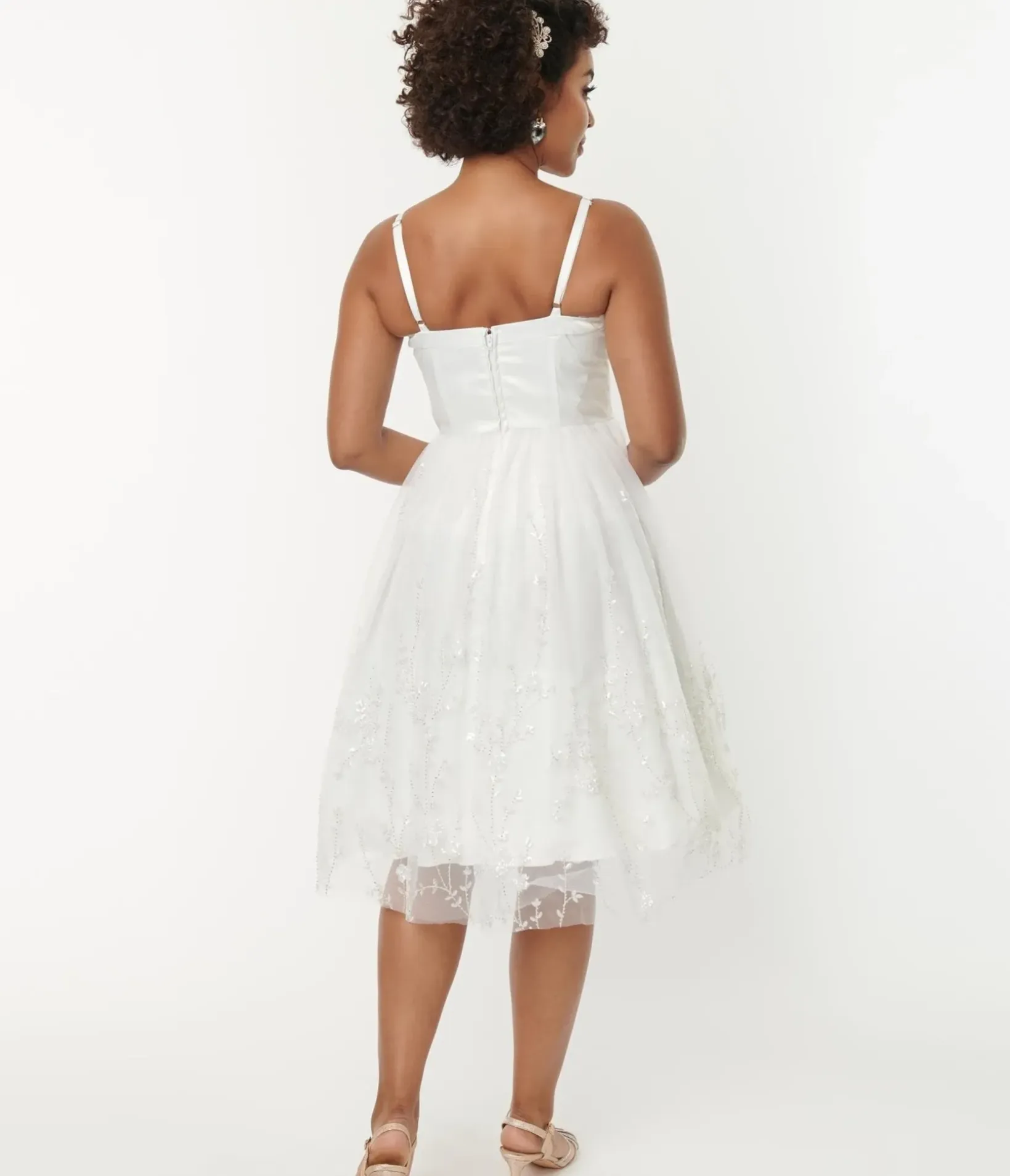 Unique Vintage Swing|Everyday Dresses>White Tulle & Floral Beading Bertie Swing Dress