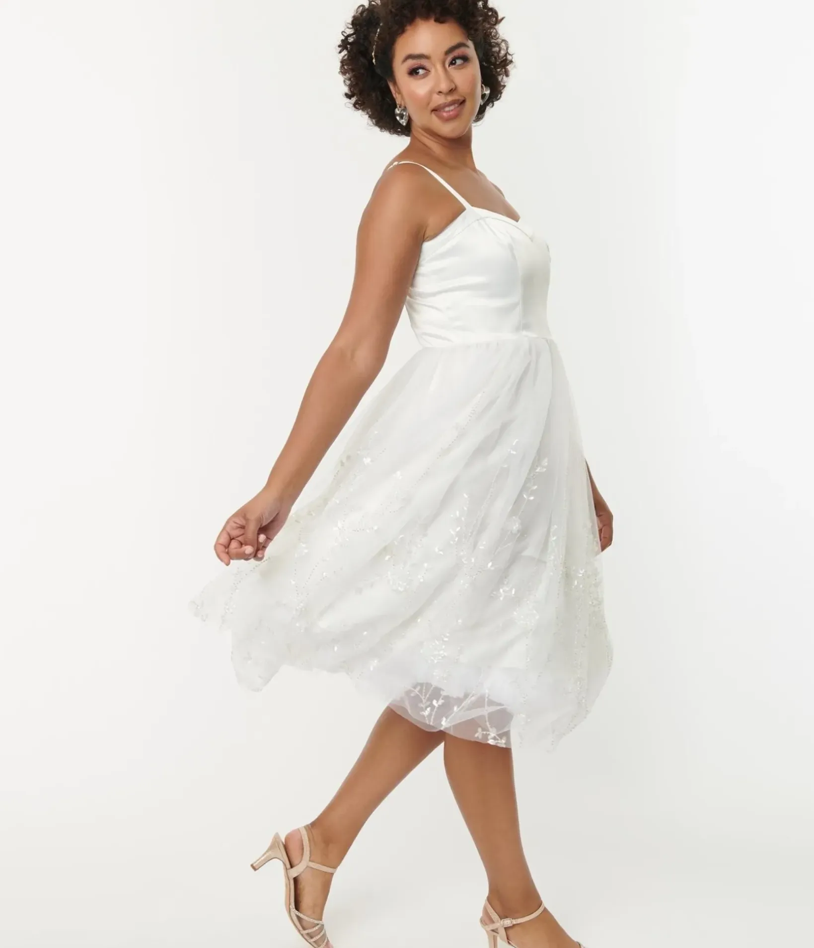 Unique Vintage Swing|Everyday Dresses>White Tulle & Floral Beading Bertie Swing Dress