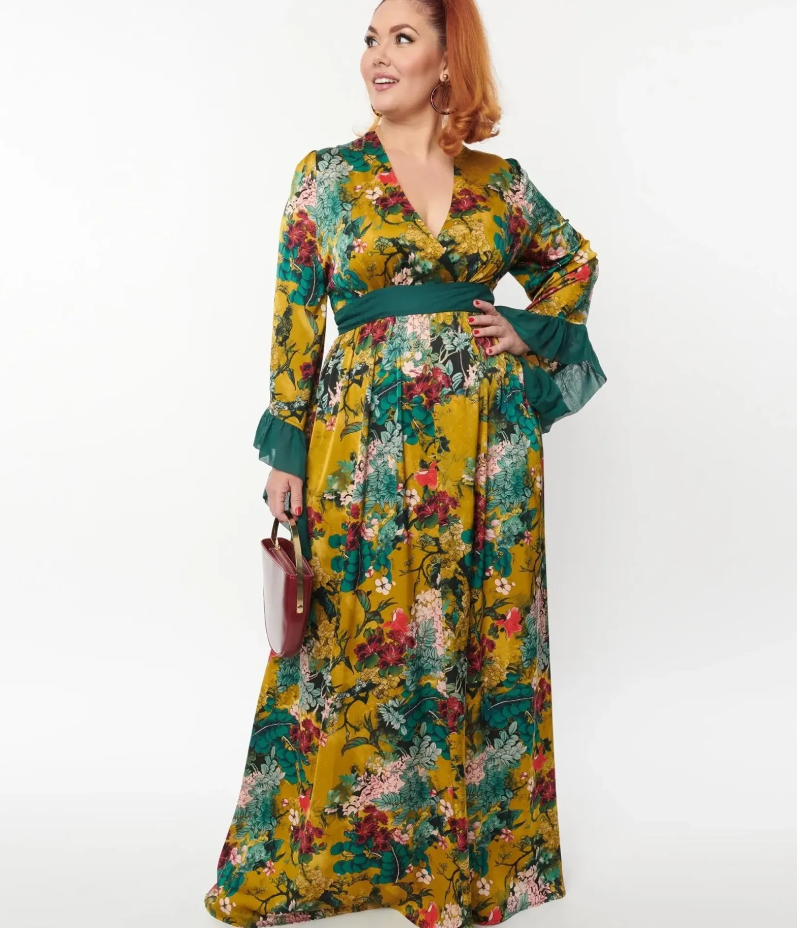 Unique Vintage Maxi|Midi & Maxi>Yellow & Teal Floral Print Maxi Dress