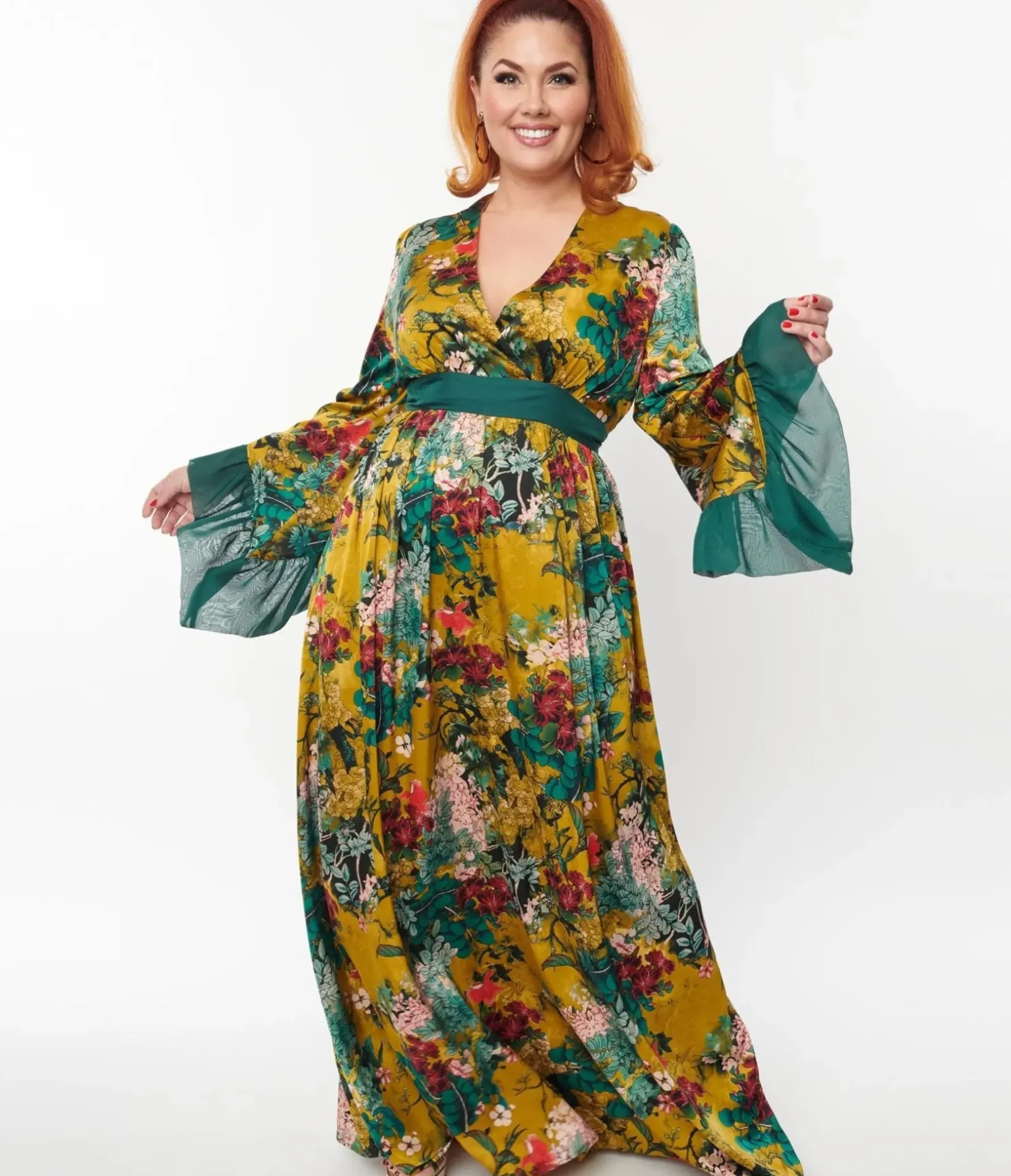 Unique Vintage Maxi|Midi & Maxi>Yellow & Teal Floral Print Maxi Dress