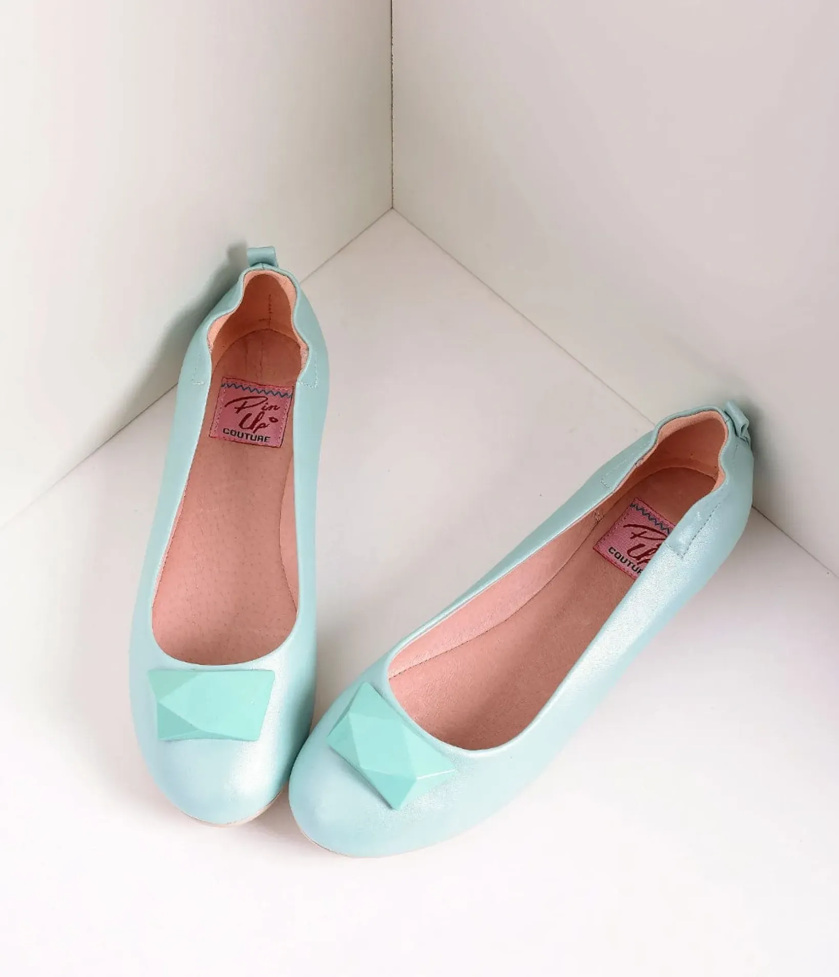 Unique Vintage Flats>Vintage Style Aqua Blue Leatherette & Geometric Gem Ballet Flats