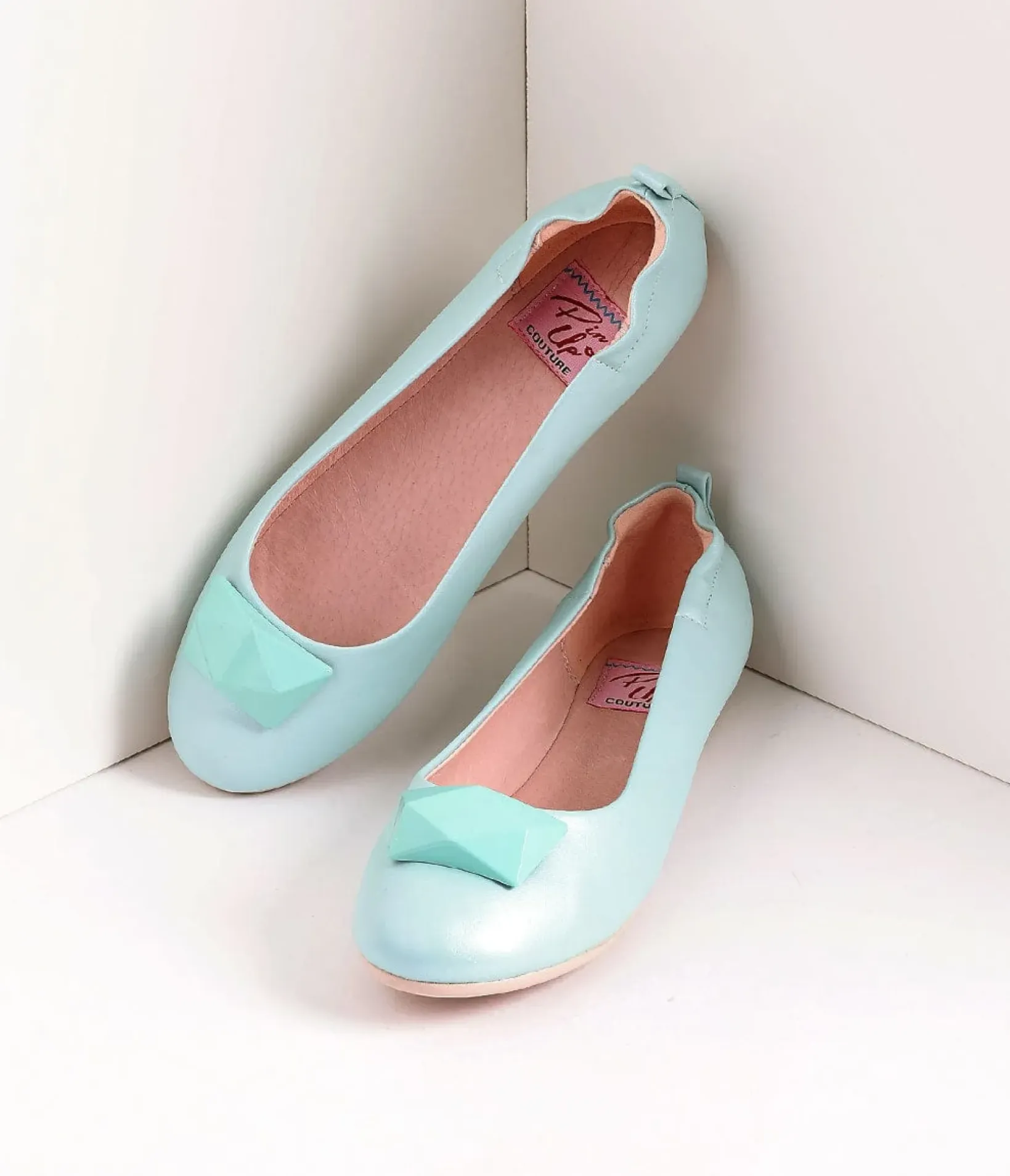 Unique Vintage Flats>Vintage Style Aqua Blue Leatherette & Geometric Gem Ballet Flats