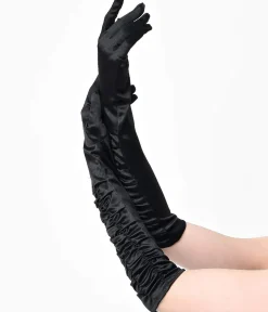 Unique Vintage Special Occasion|All Things Black>Vintage Style Black Elbow Length Ruched Opera Gloves