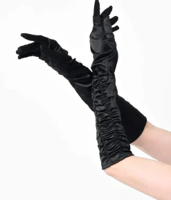 Unique Vintage Special Occasion|All Things Black>Vintage Style Black Elbow Length Ruched Opera Gloves